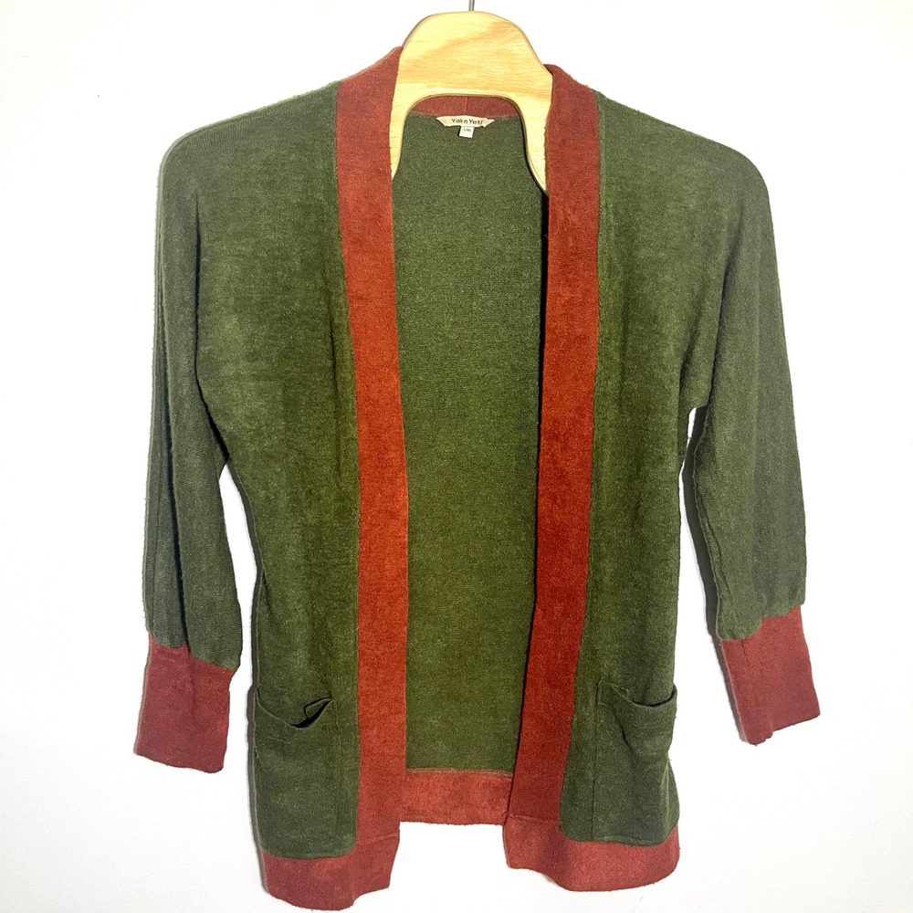 Yak & Yeti Open Front Cardigan Pockets Knit Sweater Green Rust L/XL